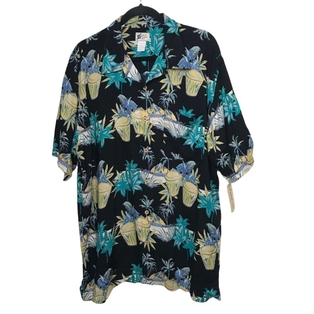 Cherokee Waikiki Wear Black Tropical Print Short Sleeve Aloha Shirt NWT Large